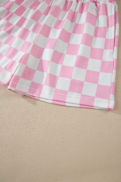 Black Checkered Print Color Block Trim Mock Neck Short Set
