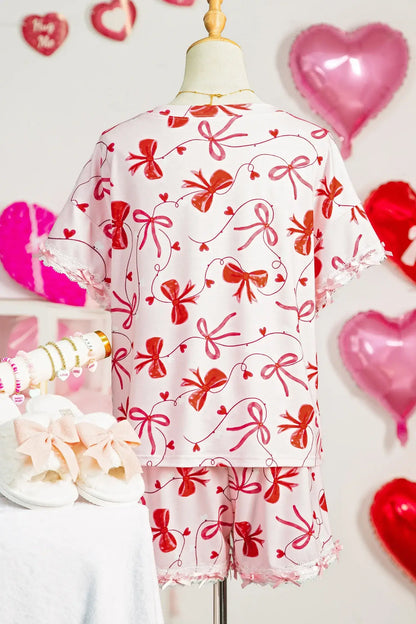 Red Romantic Bow Print Loose Tee Drawstring Shorts 2pcs Lounge Set - Sweet Fashion Wholesale