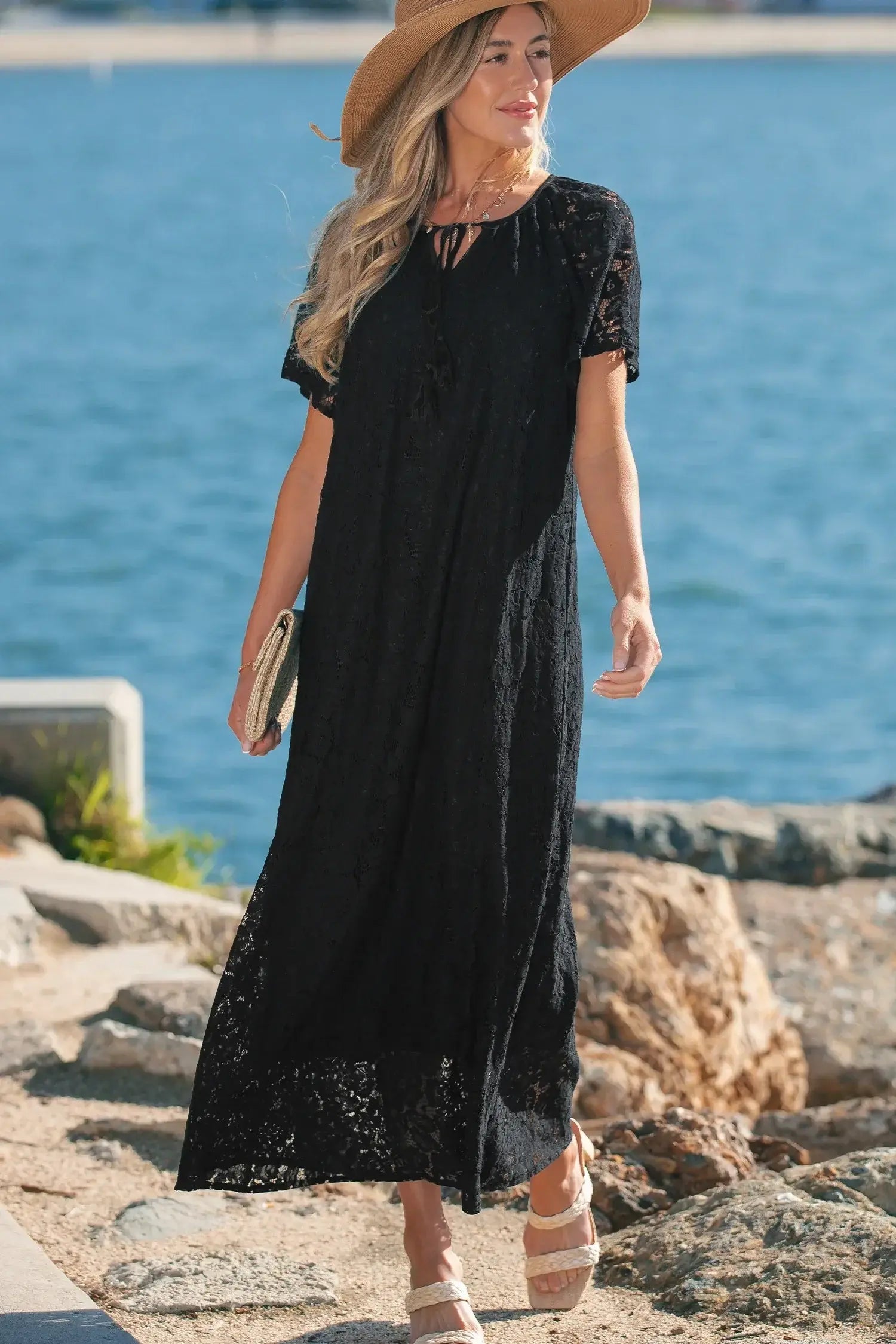 Black Floral Lace Overlay Tassel Tie Short Sleeve Beach Vacation Loose Maxi Dress - Sweet Fashion Wholesale