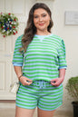 Green Stripe Plus Size Colorblock Detail Puff Sleeve Top Drawstring Shorts 2pcs Outfit