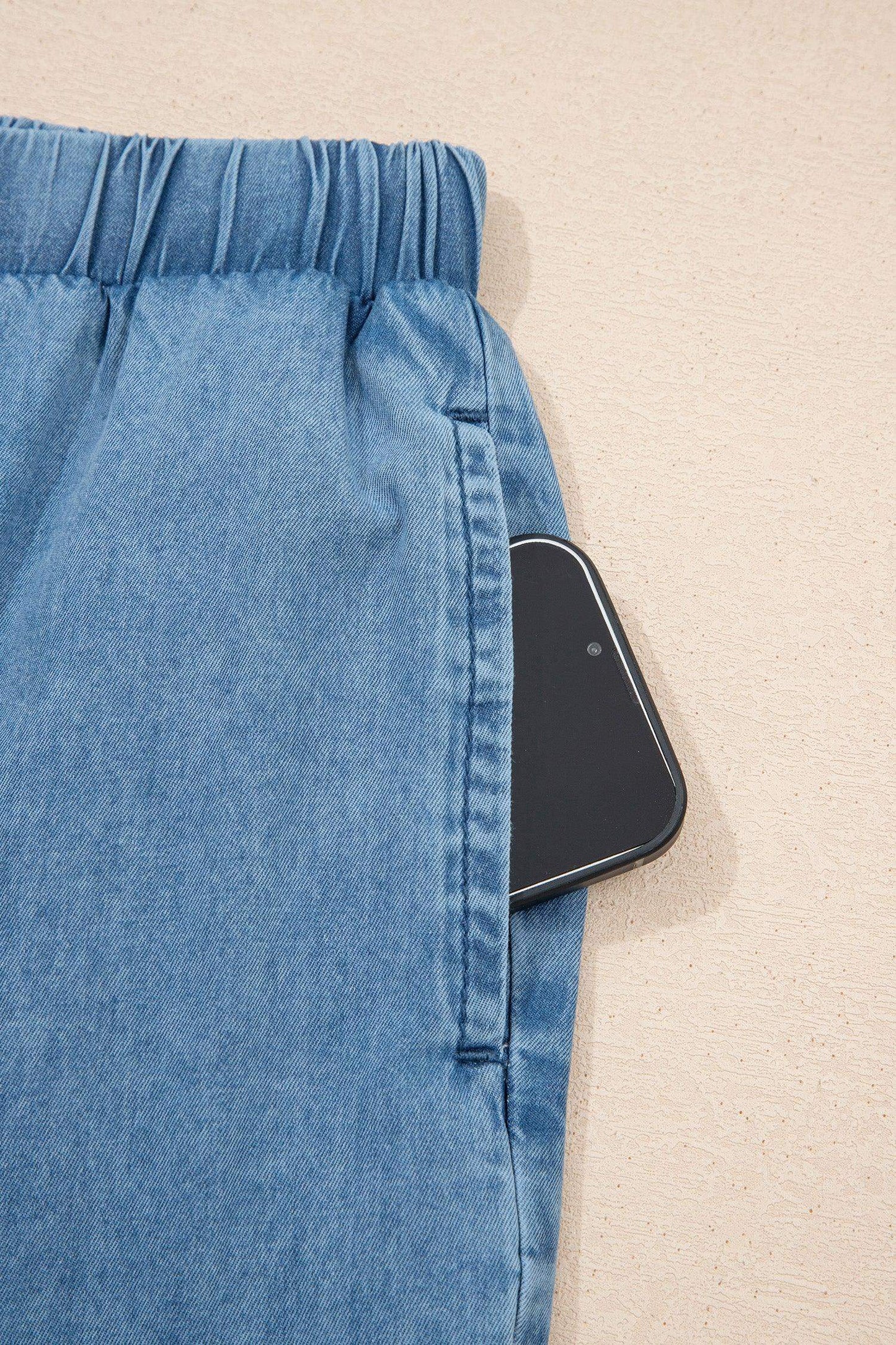 Dusk Blue Ruffled Hem Wide Leg Chambray Pants - Sweet Fashion Wholesale