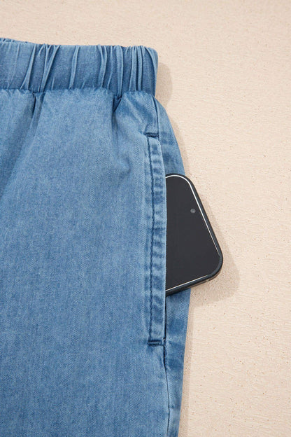 Dusk Blue Ruffled Hem Wide Leg Chambray Pants - Sweet Fashion Wholesale