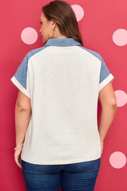 Beige Plus Size Contrast Denim Patchwork Cuffed Sleeve Polo Tee - Sweet Fashion Wholesale