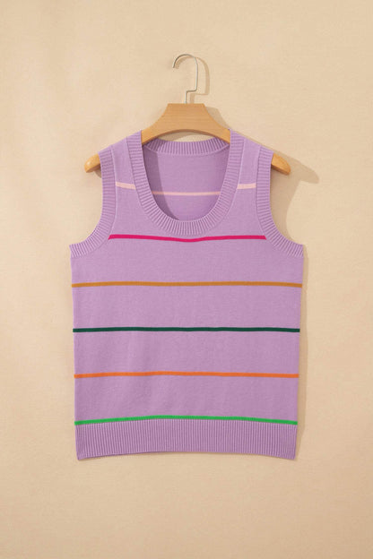 Purple Stripe Round Neck Knitted Sweater Tank