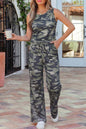 Green Camouflage Print Slim Tank Drawstring Pant Set