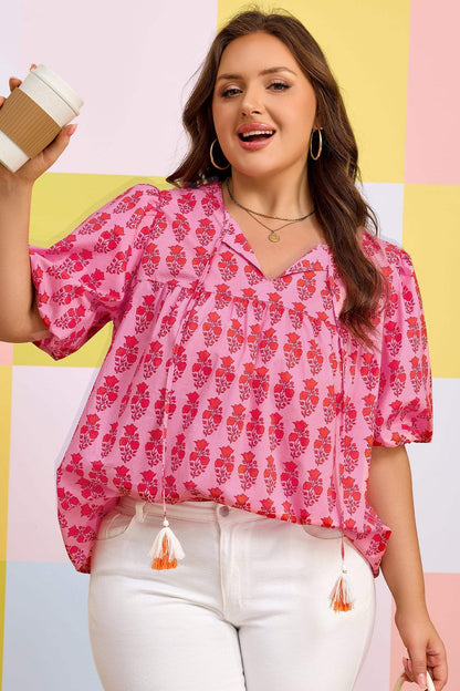 Pink Plus Size Floral Print Tassel Tie Puff Sleeve Cotton Blouse