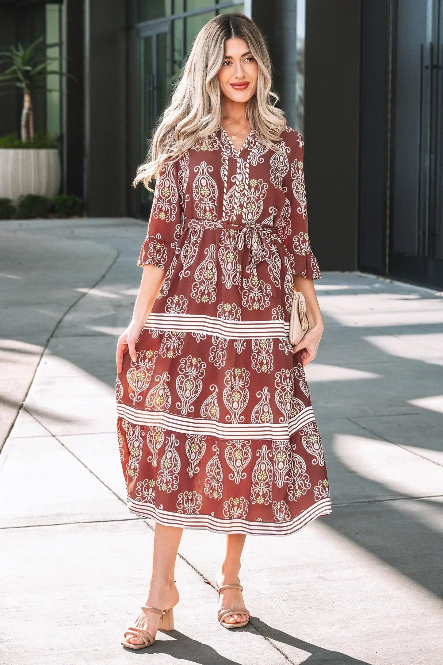 Brown Floral Print Belted Striped Trim Tiered Maxi Dress - Sweet Fashion Wholesale