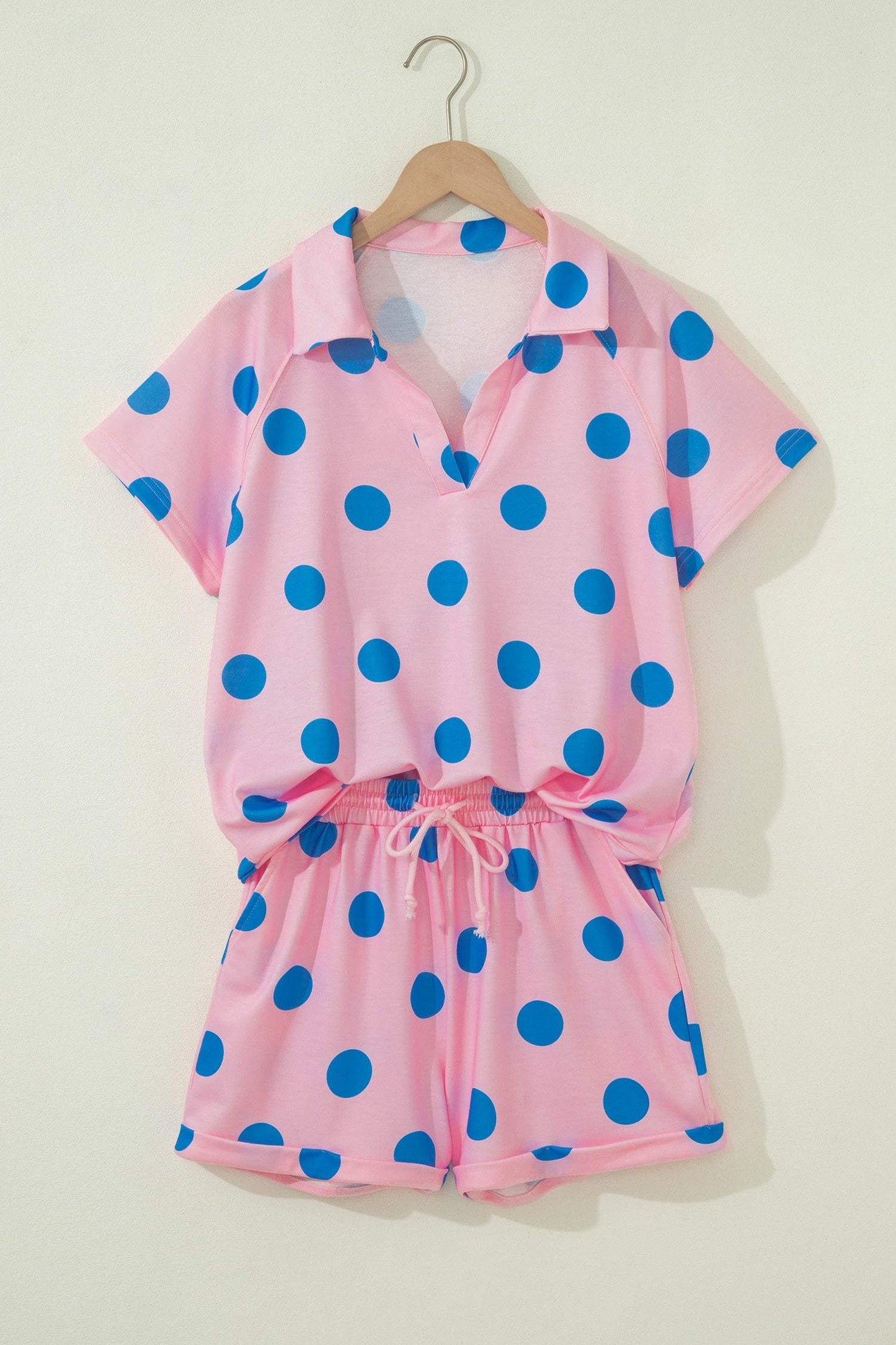 Green Polka Dot Print V Neck Tee Short Set