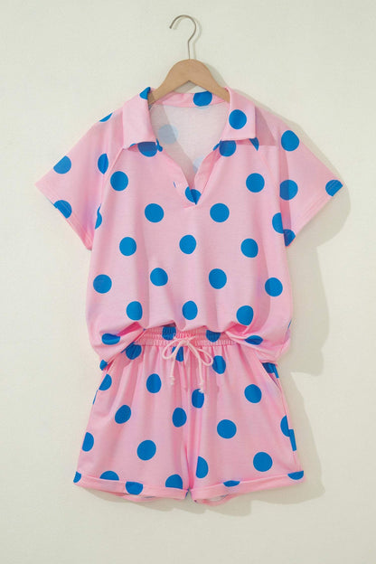 Green Polka Dot Print V Neck Tee Short Set