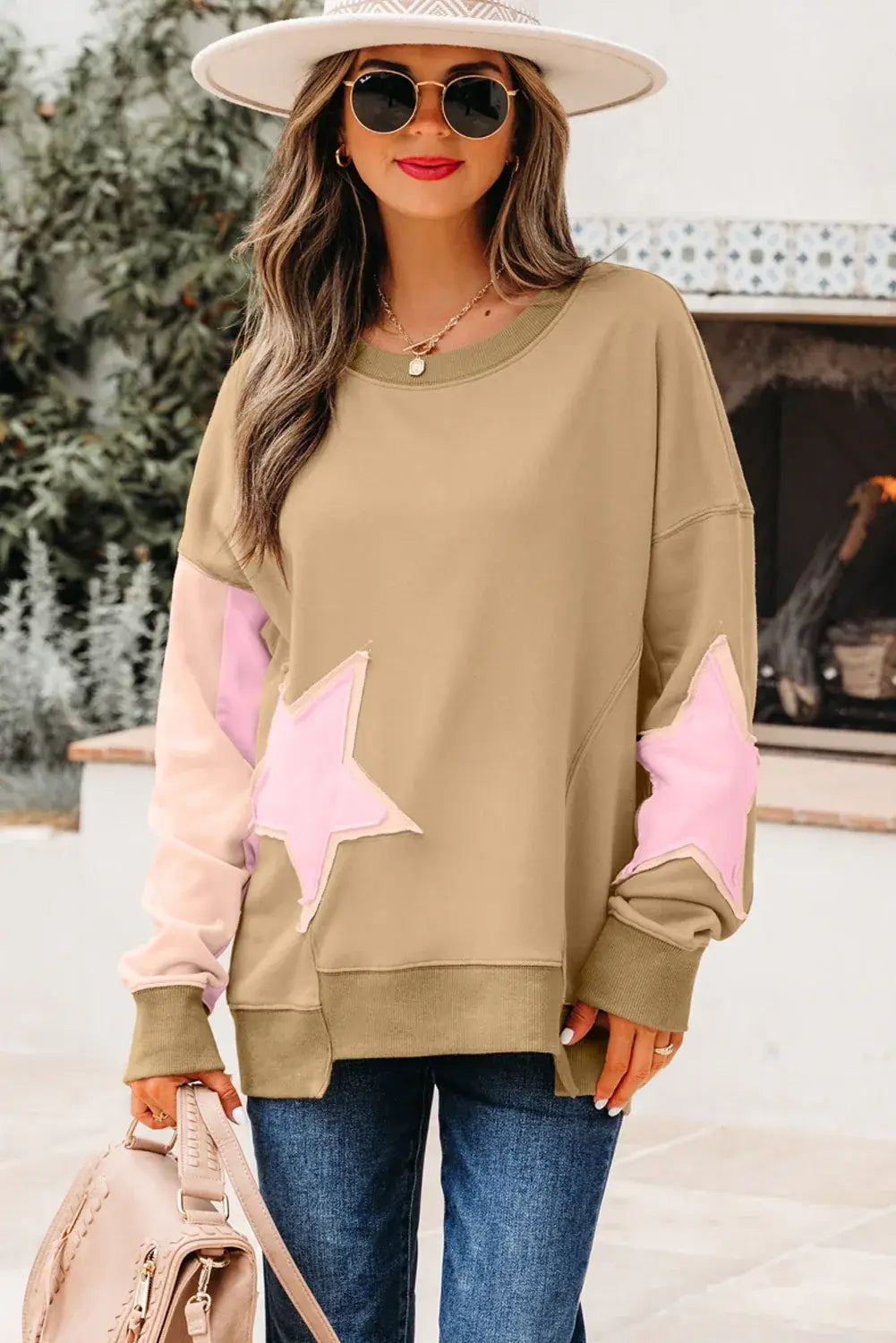 Rose Pink Contrast Star Patchwork Exposed Seam Uneven Hem Drop Shoulder Sweatshirt