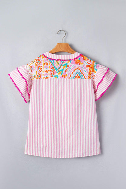 Rose Boho Mixed Print Contrast Trim Striped Patchwork Tiered Short Sleeve Blouse