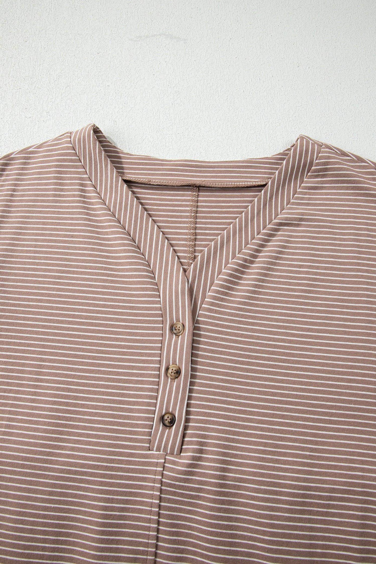 Khaki Stripe Buttoned V Neck High Low Side Slit T Shirt - Sweet Fashion Wholesale