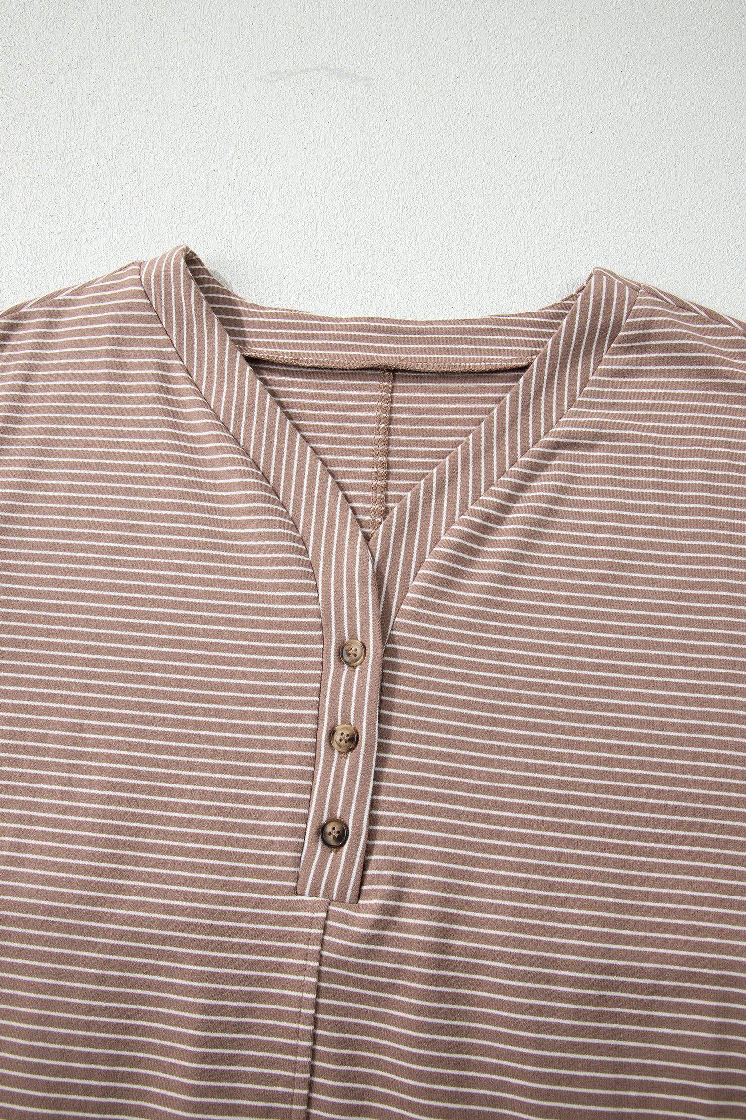 Khaki Stripe Buttoned V Neck High Low Side Slit T Shirt - Sweet Fashion Wholesale