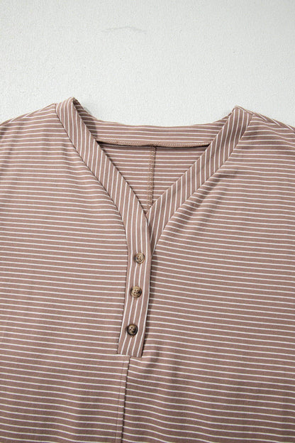Khaki Stripe Buttoned V Neck High Low Side Slit T Shirt - Sweet Fashion Wholesale