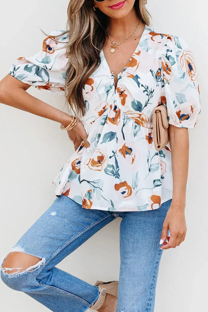Green Floral Print Puff Sleeve V Neck Babydoll Blouse
