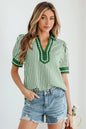 Black Stripe Collared Split Neck Short Bubble Sleeve Blouse - Sweet Fashion Wholesale
