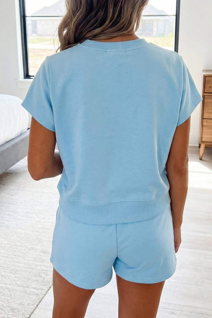 Mist Blue Solid Color Loose Tee Drawstring Shorts 2pcs Outfit