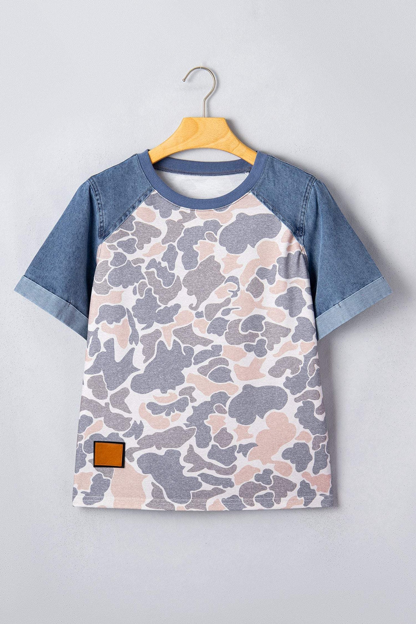 Multicolour Camouflage Print Denim Color Block Sleeve Casual Tee
