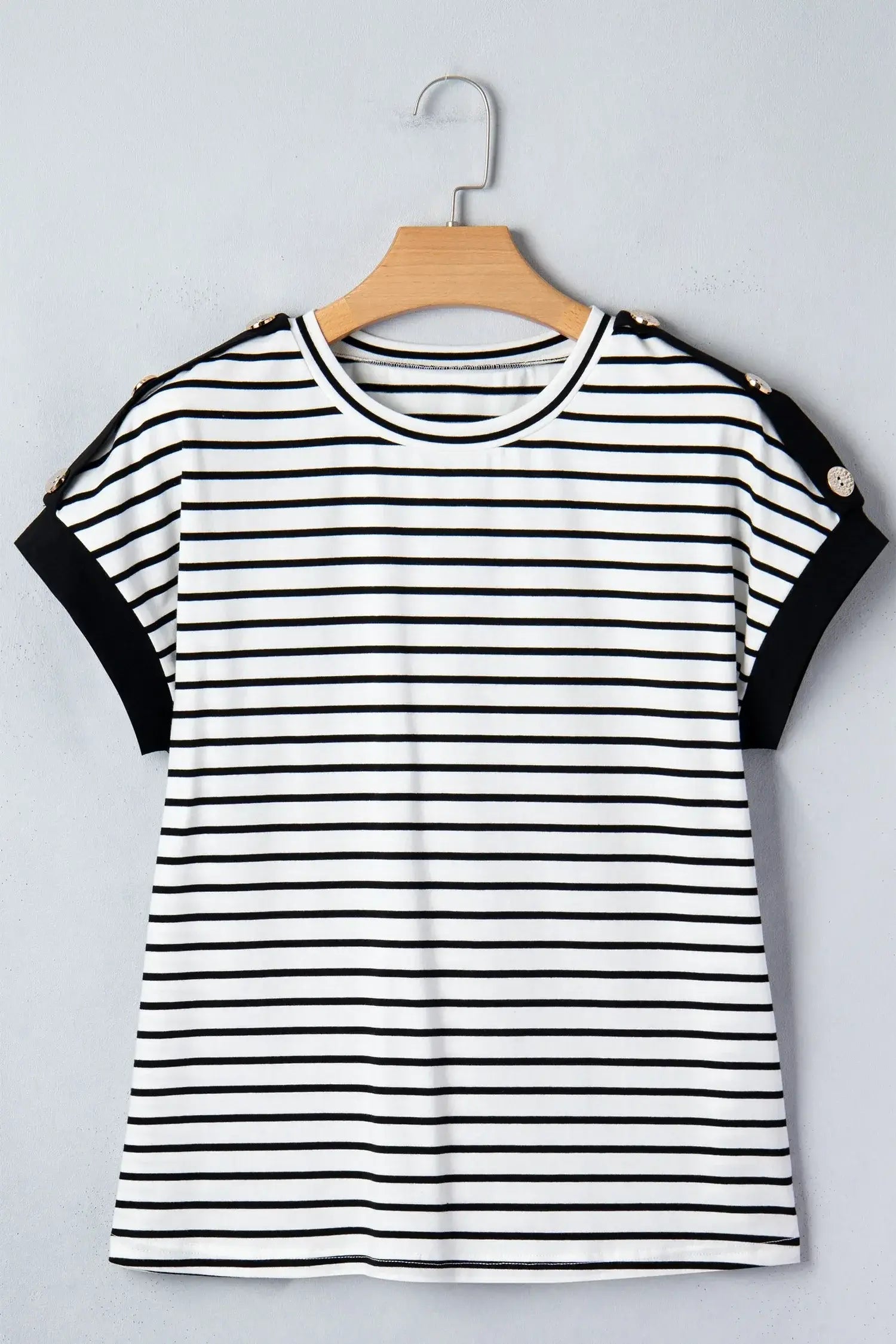 Black Stripe Cuffed Sleeve Button Detail Loose Tee - Sweet Fashion Wholesale