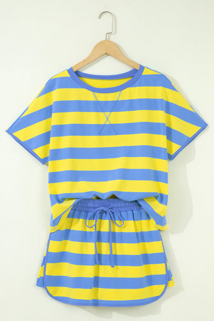 Rose Stripe Dolman Tee Drawstring Skort Athletic 2pcs Set