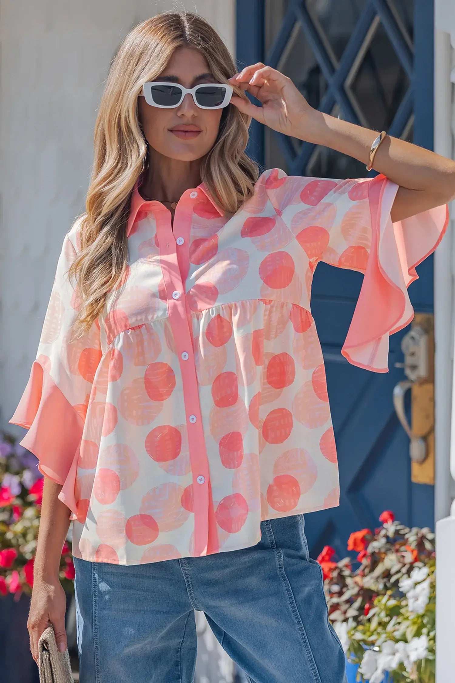 Pink Double Polka Dot Printed Ruffle Trim Short Sleeve Babydoll Shirt - Sweet Fashion Wholesale