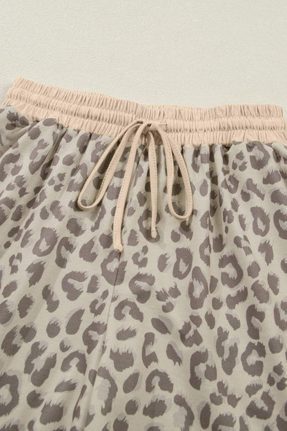 Khaki V Neck Collar Leopard Printed 2pcs Short Set