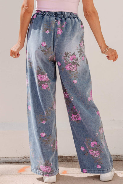 Beau Blue Floral Print Elastic Waist Pull On Casual Jeans