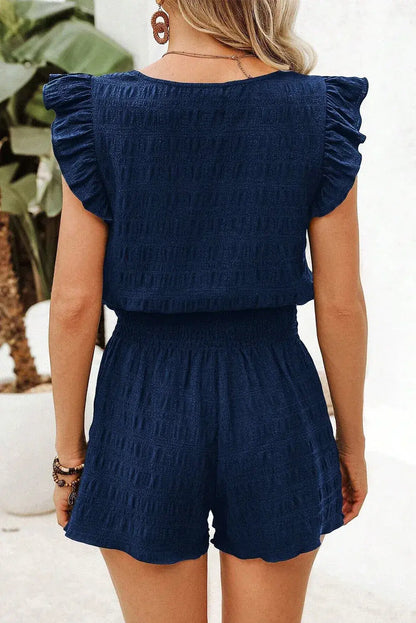 Black Textured Square Neck Top and Shirred High Waist Shorts Set - Sweet Fashion Wholesale