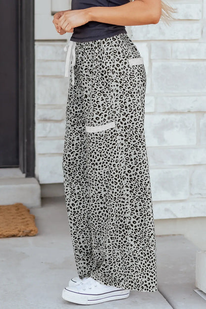 Khaki Animal Print Wide Leg Terry Knit Pants - Sweet Fashion Wholesale