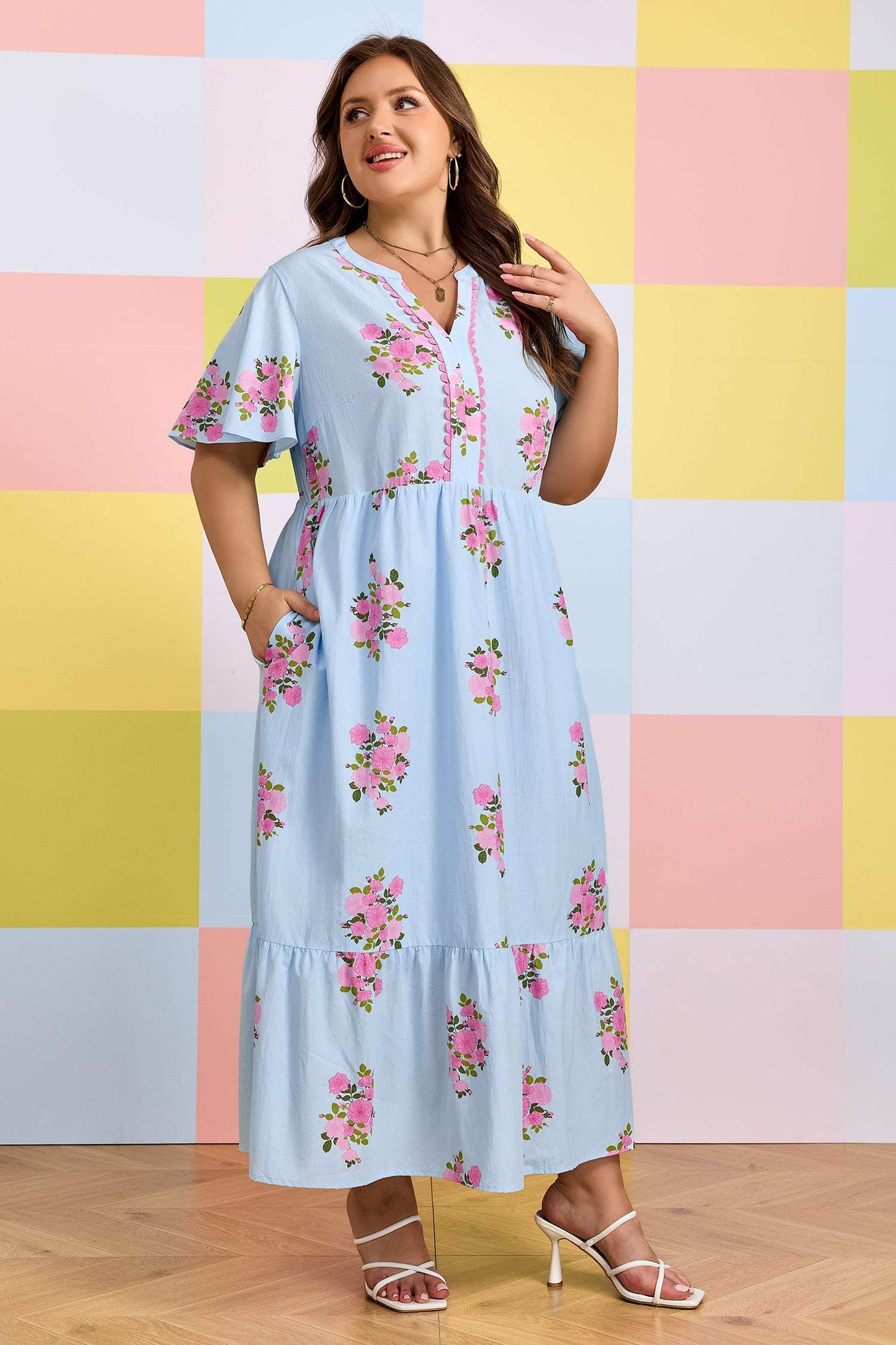 Sky Blue Plus Size Floral Print Scalloped Trim V-Neck Dress