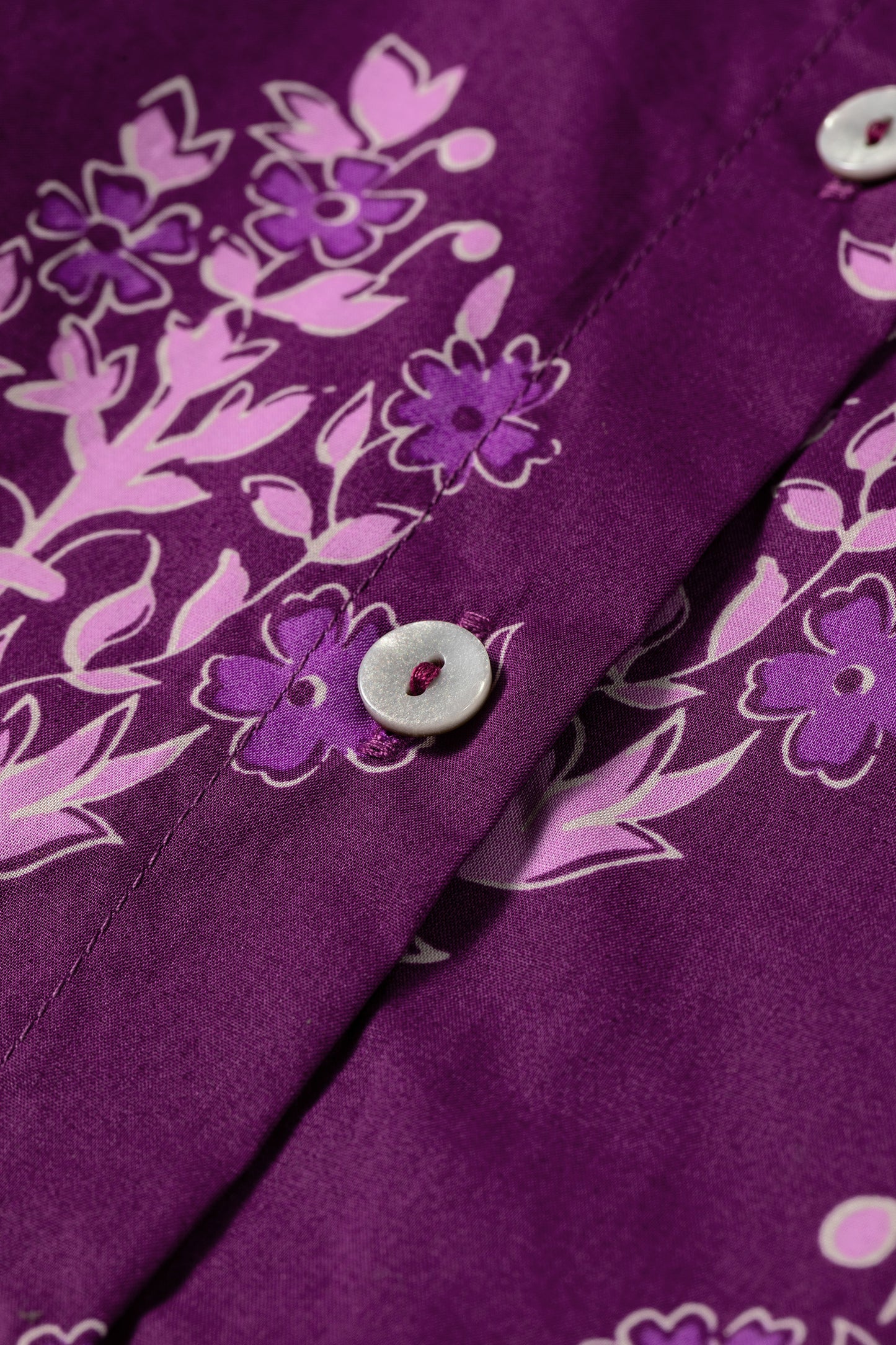 Purple Floral Print Button Front Long Sleeve Round Neck Casual Shift Top