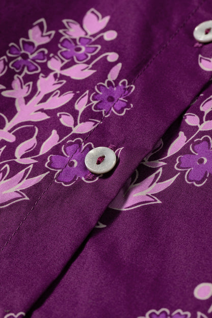 Purple Floral Print Button Front Long Sleeve Round Neck Casual Shift Top