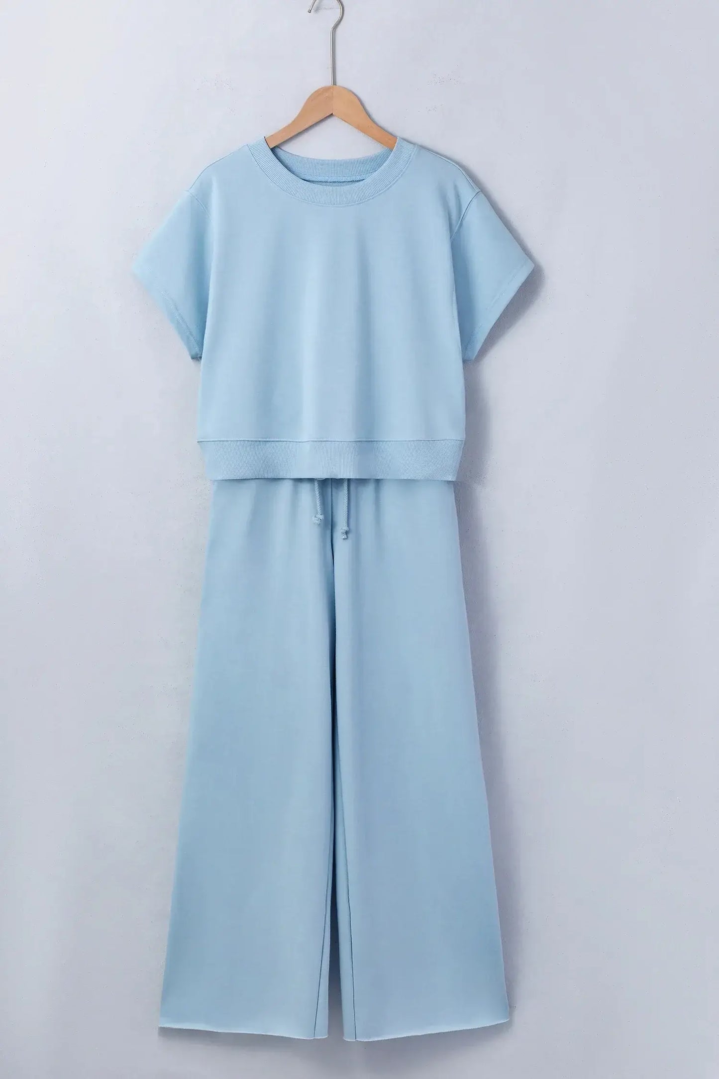 Clearly Aqua Solid Color Loose Tee Drawstring Wide Leg Pants 2pcs Outfit - Sweet Fashion Wholesale