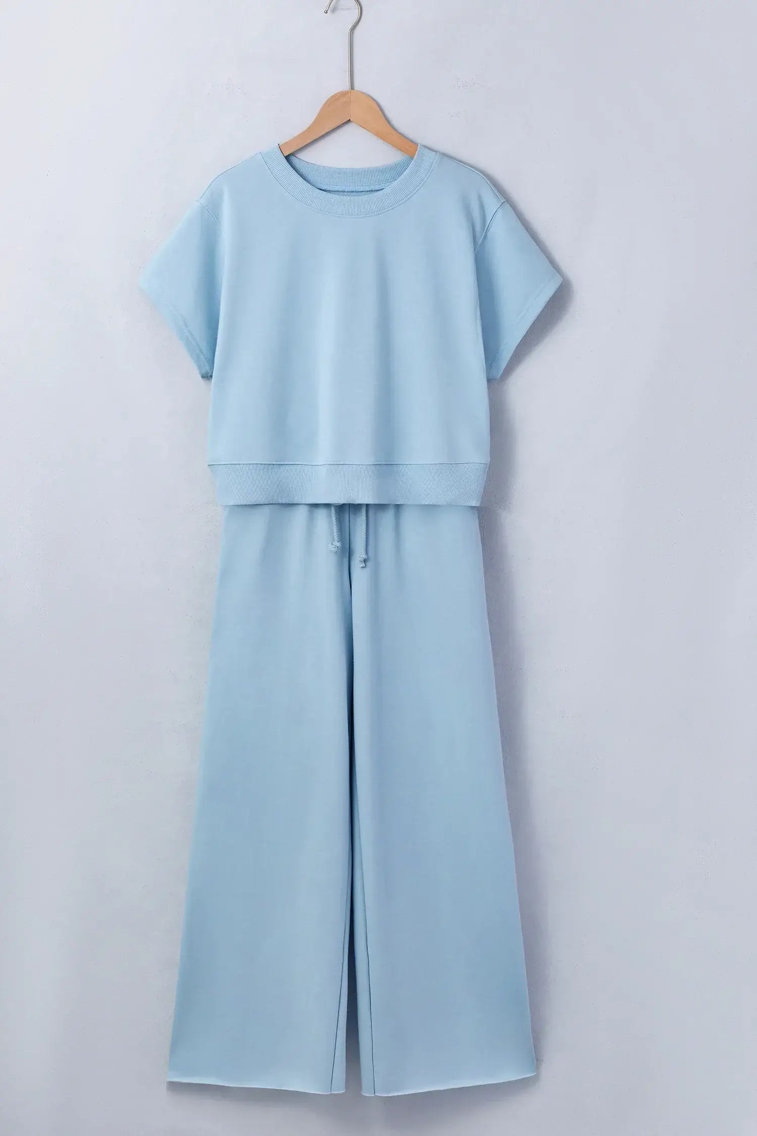 Clearly Aqua Solid Color Loose Tee Drawstring Wide Leg Pants 2pcs Outfit - Sweet Fashion Wholesale