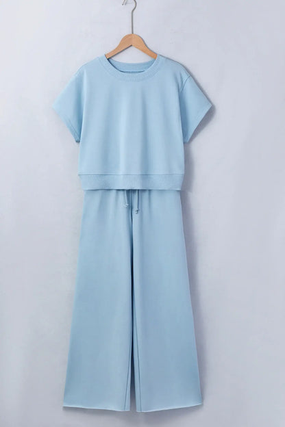 Clearly Aqua Solid Color Loose Tee Drawstring Wide Leg Pants 2pcs Outfit - Sweet Fashion Wholesale