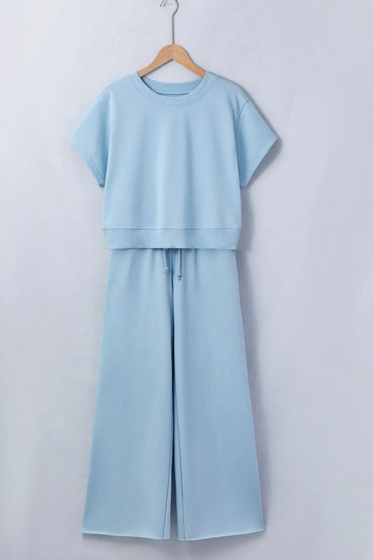 Clearly Aqua Solid Color Loose Tee Drawstring Wide Leg Pants 2pcs Outfit - Sweet Fashion Wholesale