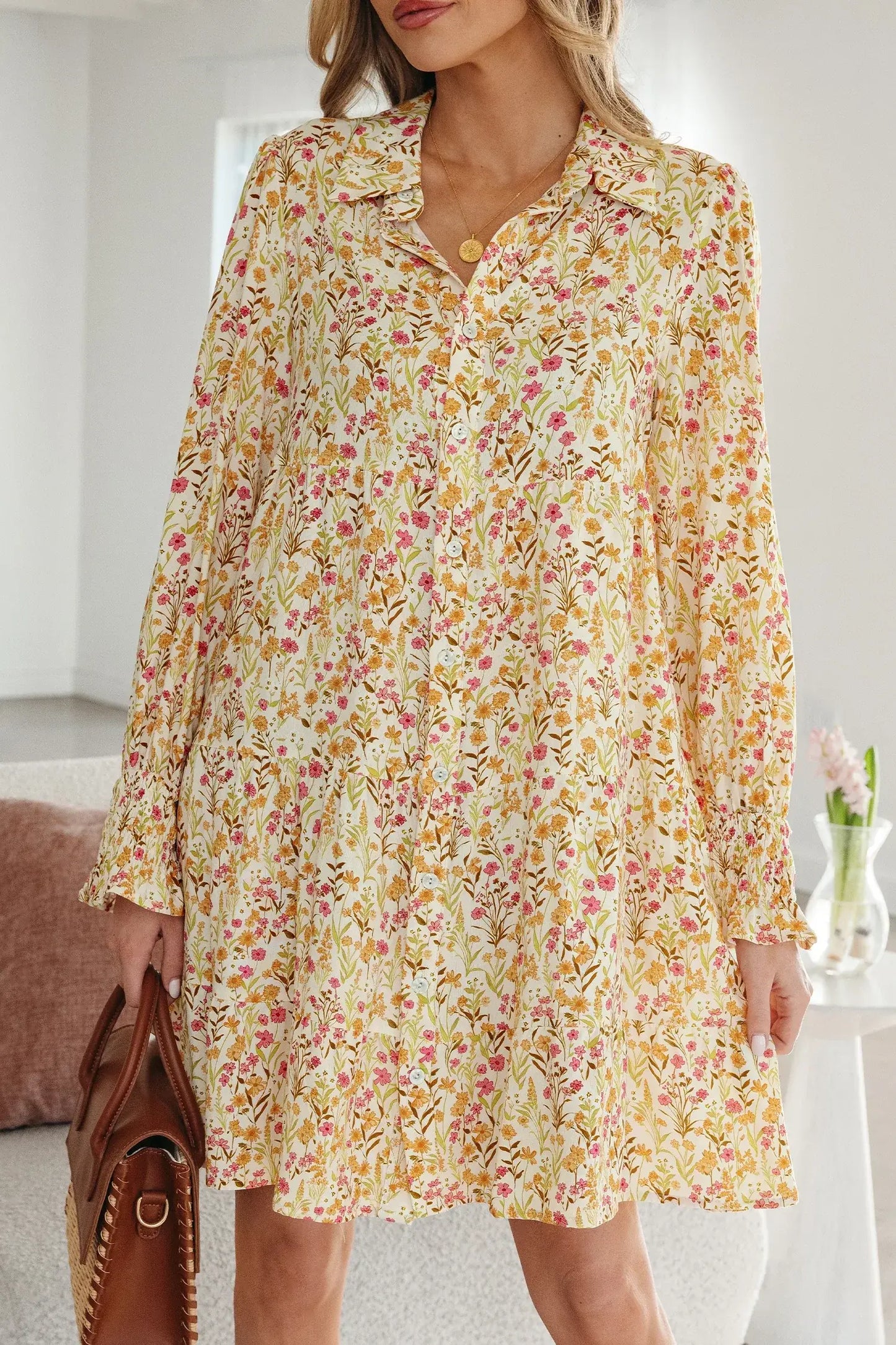 Yellow Floral Print Frilly Trim Smocked Cuff Long Sleeve Loose Shirt Dress - Sweet Fashion Wholesale