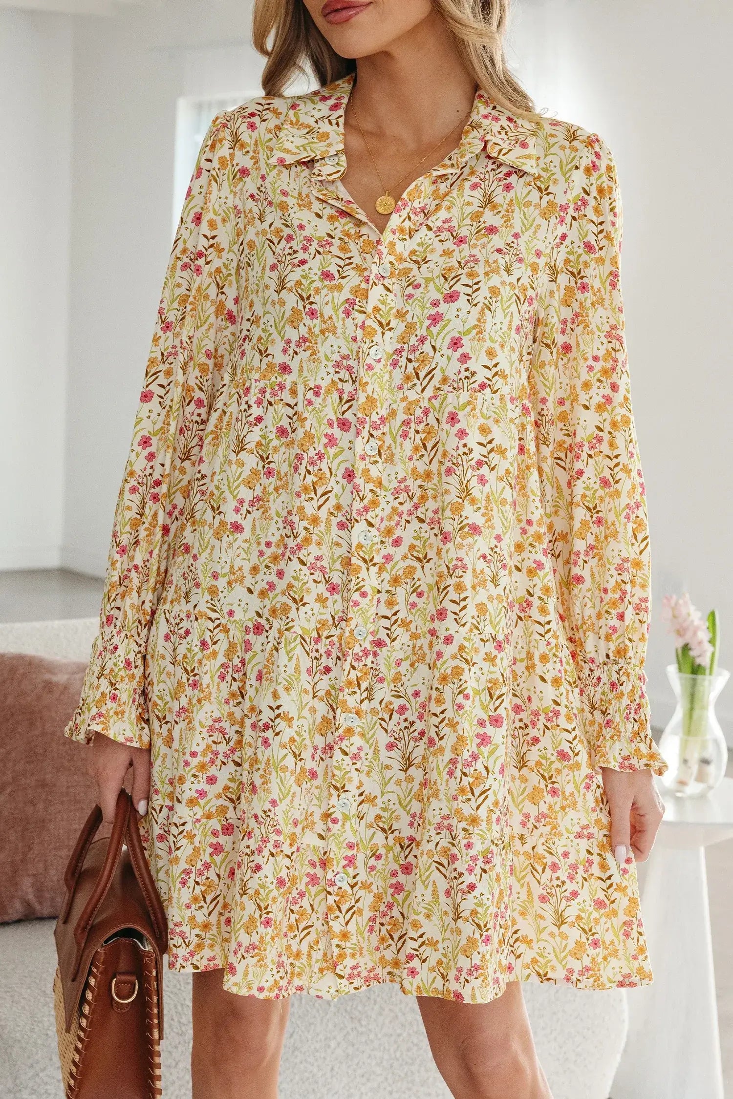 Yellow Floral Print Frilly Trim Smocked Cuff Long Sleeve Loose Shirt Dress - Sweet Fashion Wholesale