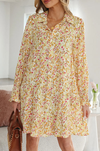 Yellow Floral Print Frilly Trim Smocked Cuff Long Sleeve Loose Shirt Dress - Sweet Fashion Wholesale