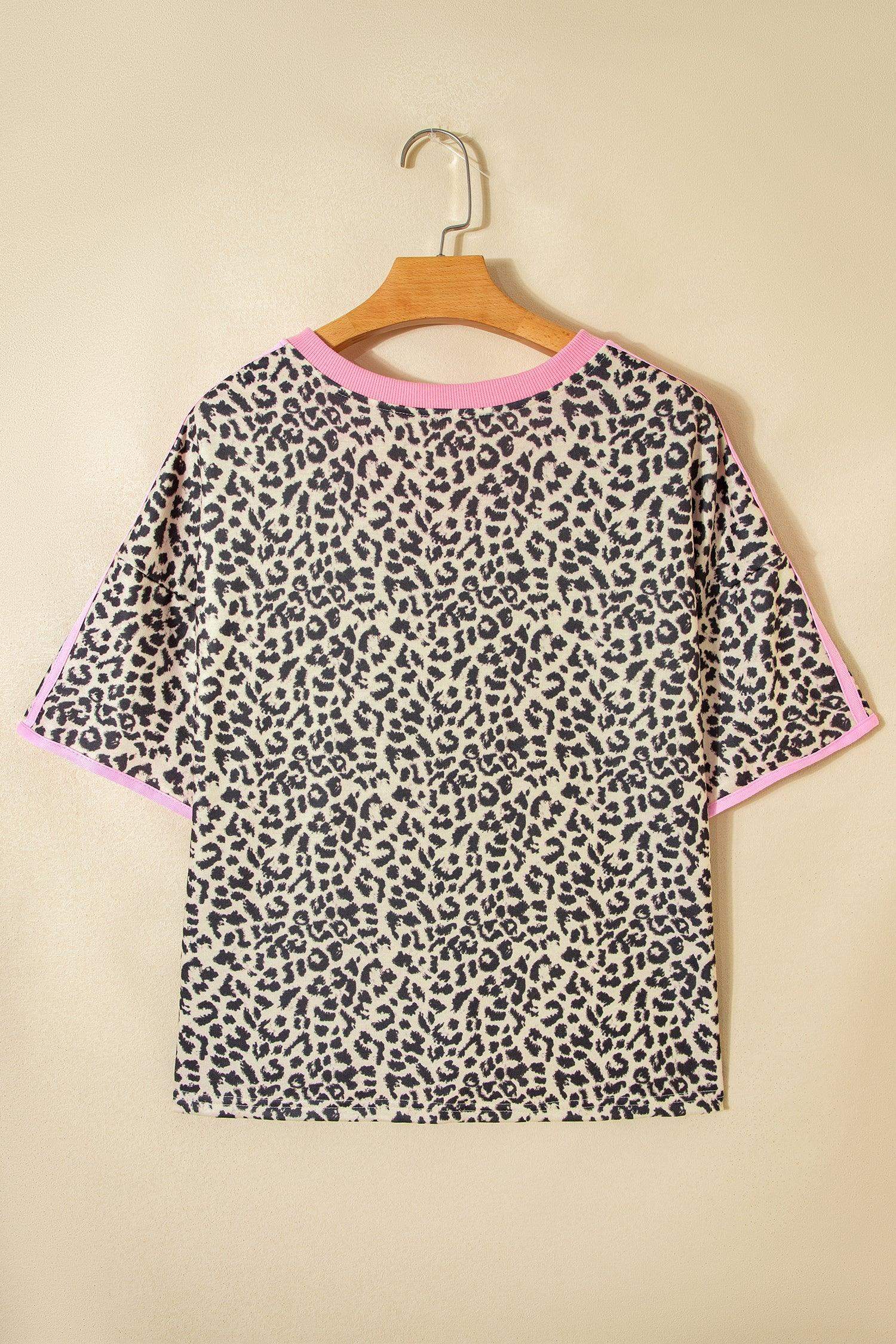 White Contrast V Neck Varsity Short Sleeve Leopard Top - Sweet Fashion Wholesale