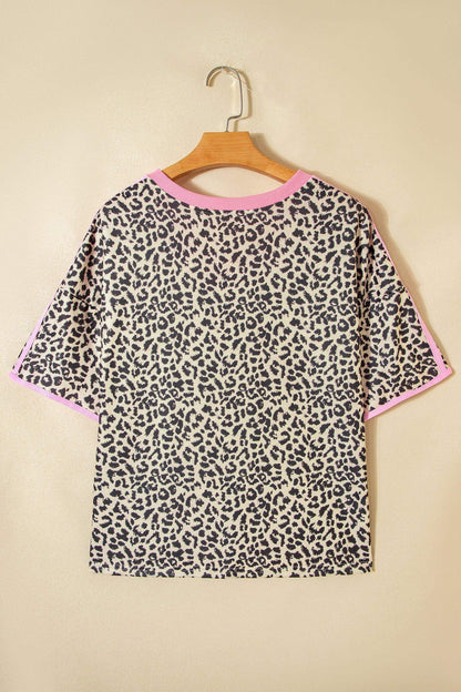 White Contrast V Neck Varsity Short Sleeve Leopard Top - Sweet Fashion Wholesale