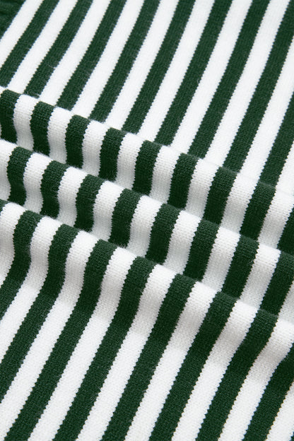Green Stripe Striped Button Placket Drop Shoulder Long Sleeve Sweater