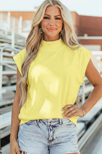 Sky Blue Solid Color High Neck Cap Sleeve Loose Top