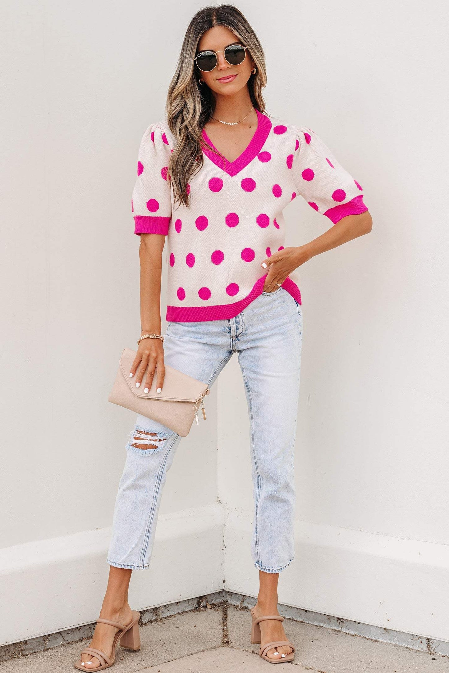 Pink Polka Dot Puff Short Sleeve Sweater Top