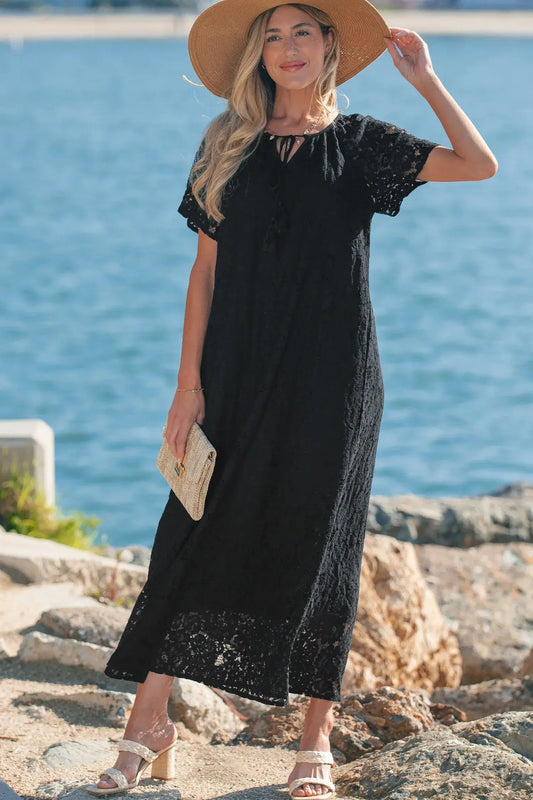 Black Floral Lace Overlay Tassel Tie Short Sleeve Beach Vacation Loose Maxi Dress - Sweet Fashion Wholesale