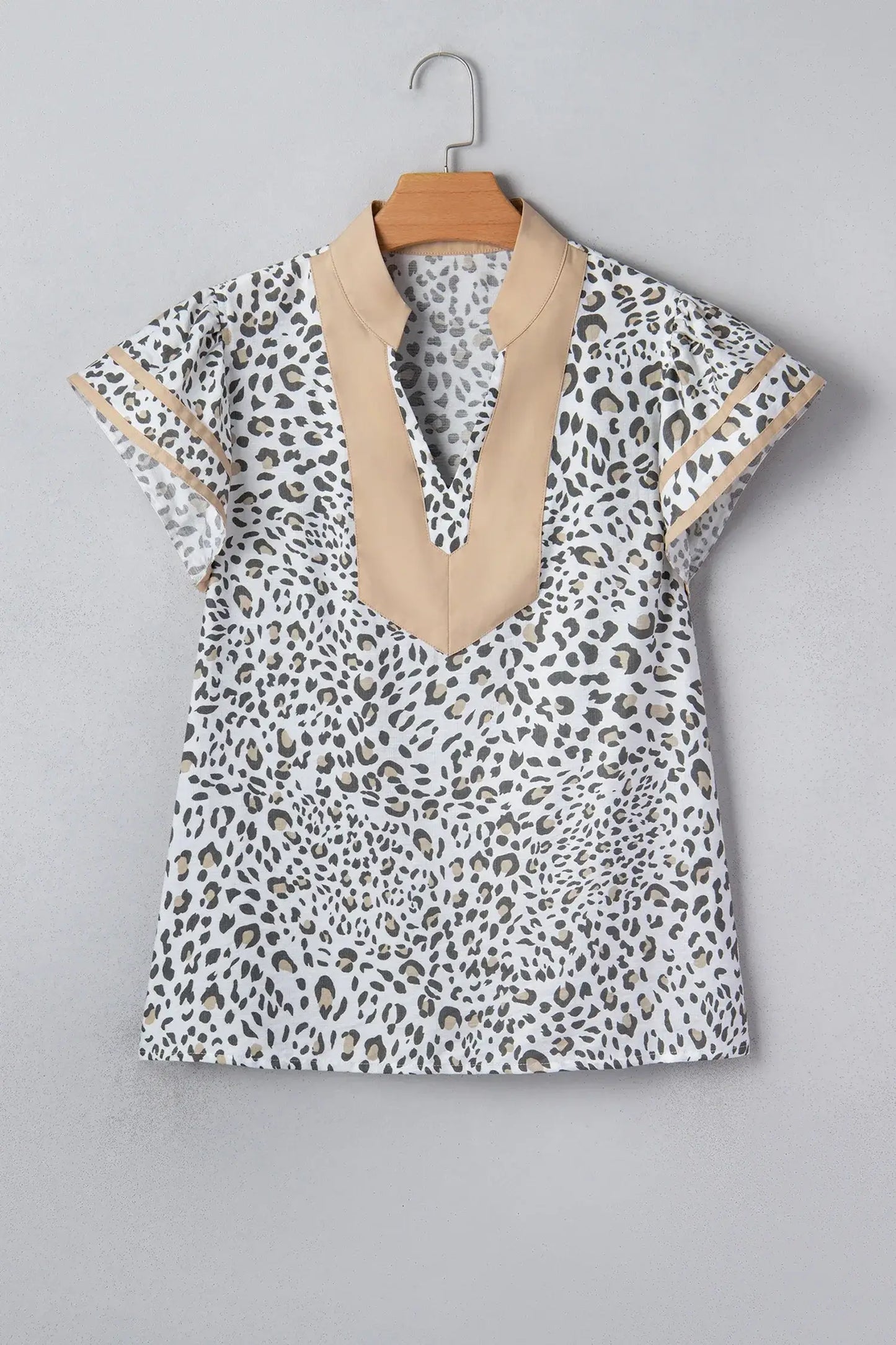 White Leopard Printed Color Block Patchwork V Neck Cap Sleeve Blouse - Sweet Fashion Wholesale