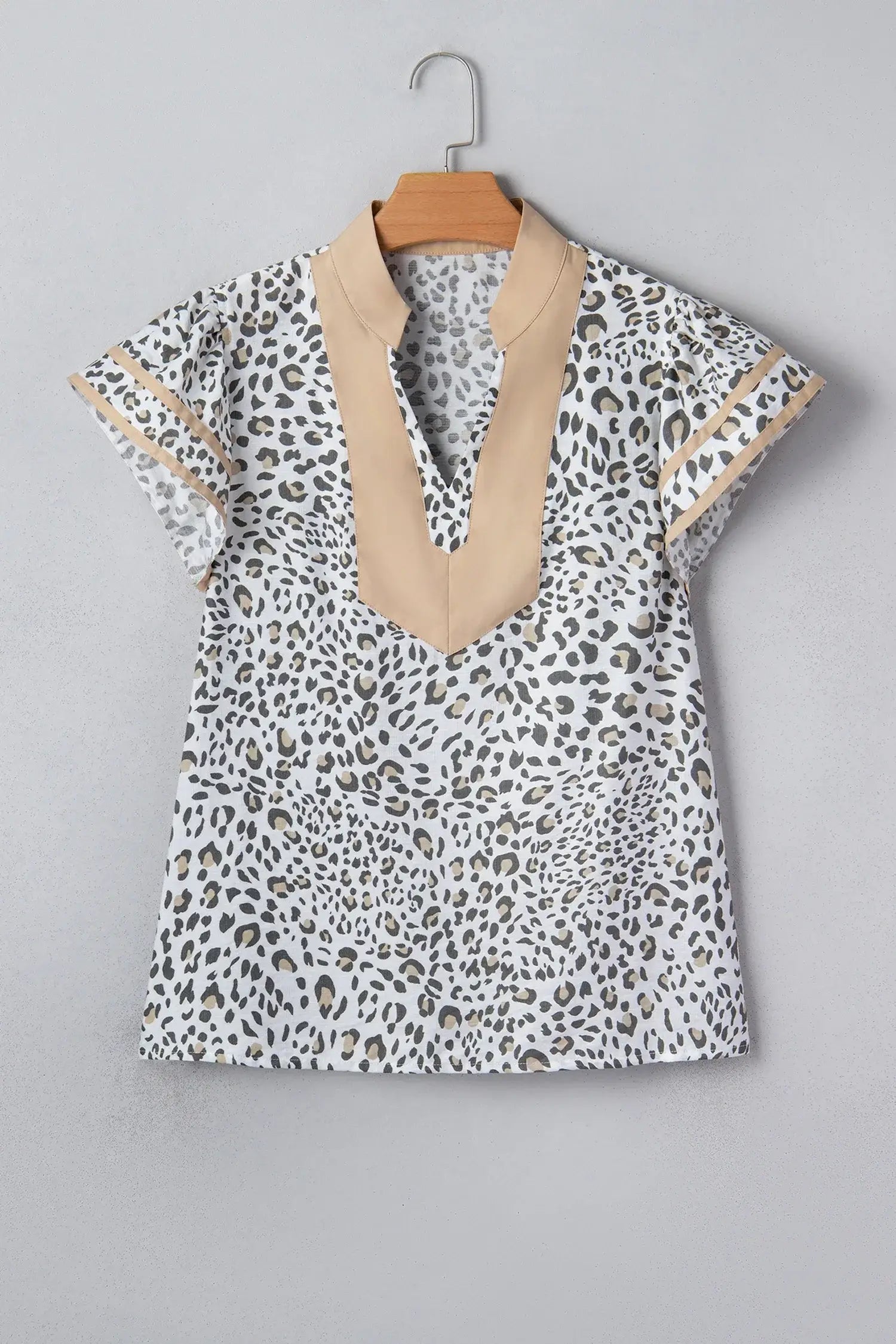 White Leopard Printed Color Block Patchwork V Neck Cap Sleeve Blouse - Sweet Fashion Wholesale