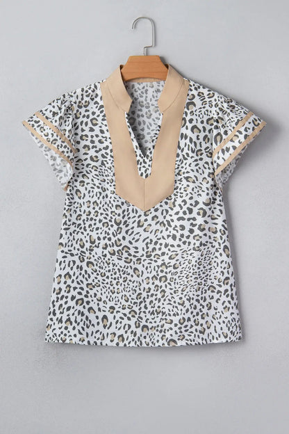 White Leopard Printed Color Block Patchwork V Neck Cap Sleeve Blouse - Sweet Fashion Wholesale