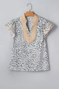White Leopard Printed Color Block Patchwork V Neck Cap Sleeve Blouse - Sweet Fashion Wholesale