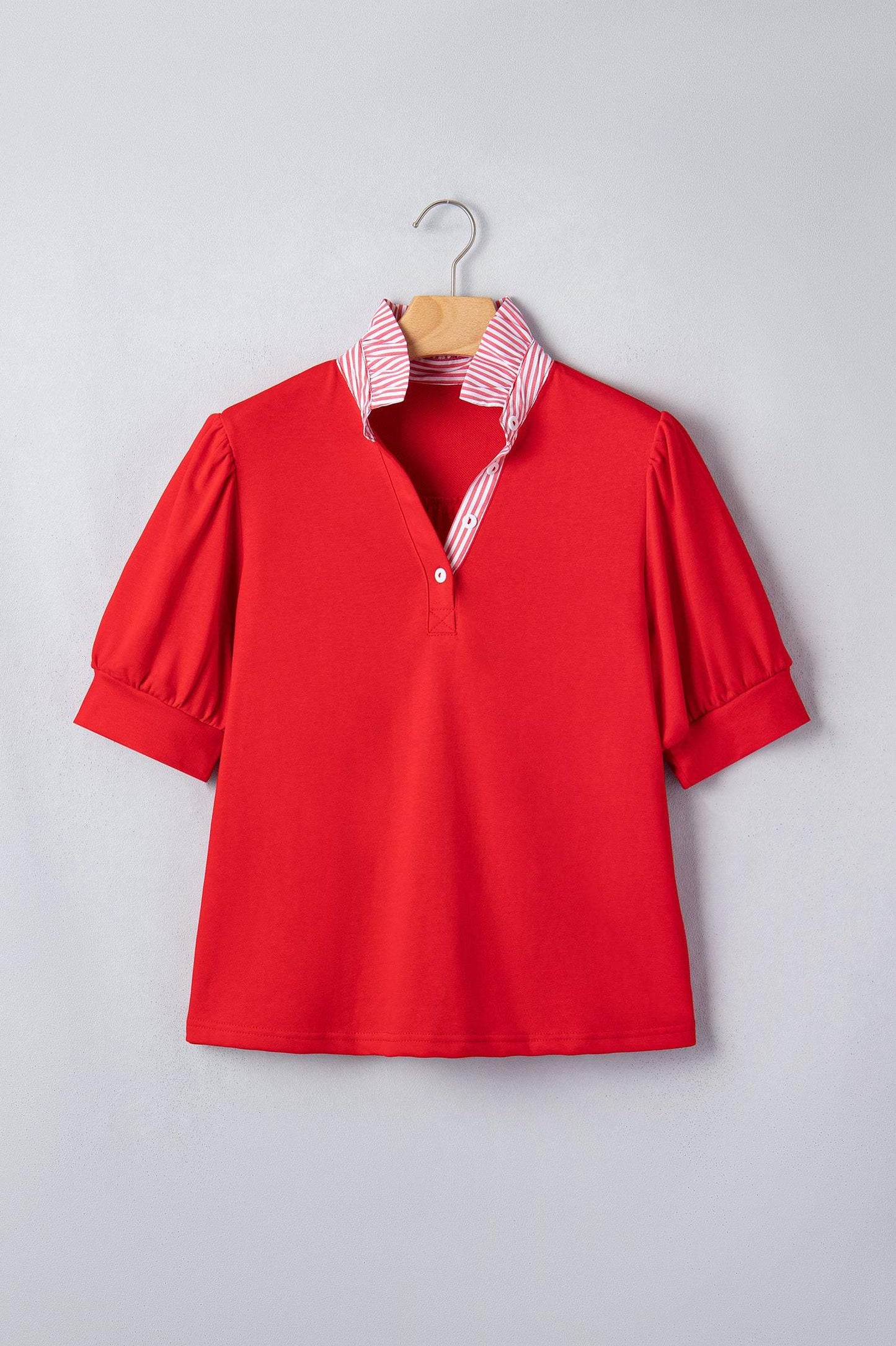 Sky Blue Striped Frilled Collar Short Sleeve Blouse